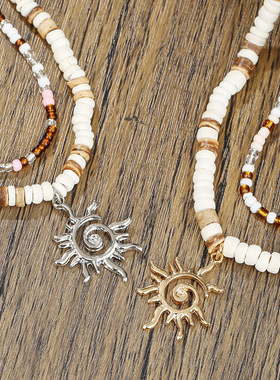 欧美时尚木珠椰壳米珠串珠项链男嘻哈小众太阳吊坠双层锁骨链颈链