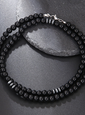 欧美新款黑磨砂火山石串珠项链波西米亚不锈钢手工串珠长款项链