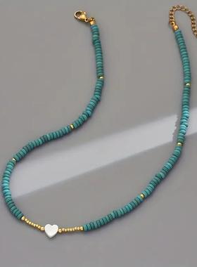 Bohemian turquoise heart-shaped shell woven necklace休闲项链