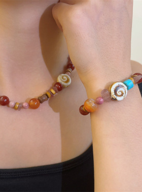 赵露思同款红玛瑙串珠项链女小众多元素天然石毛衣链复古颈链