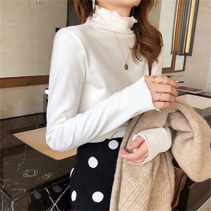 2026秋冬半高领木耳边长袖T恤打底衫女ins超火百搭加绒内搭上衣女,淘宝优惠券,粉丝福利购,淘宝优惠卷