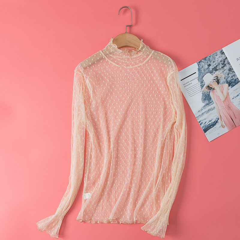 法曼薇旗舰店高领蕾丝打底衫女网纱长袖秋冬内搭喇叭袖蕾丝打底仙女气质上衣2
