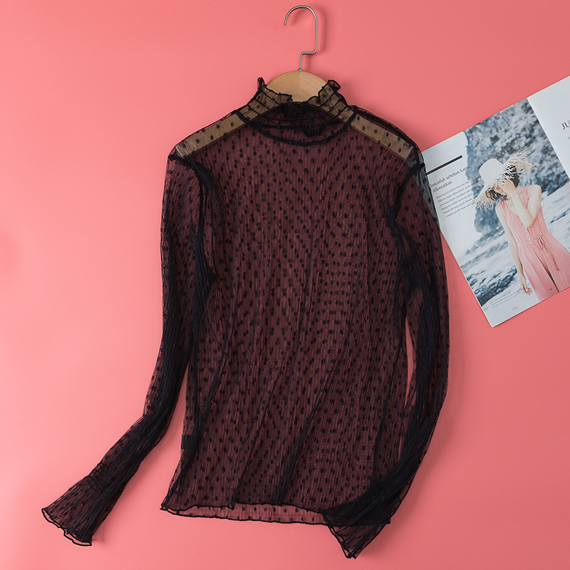 法曼薇旗舰店高领蕾丝打底衫女网纱长袖秋冬内搭喇叭袖蕾丝打底仙女气质上衣1