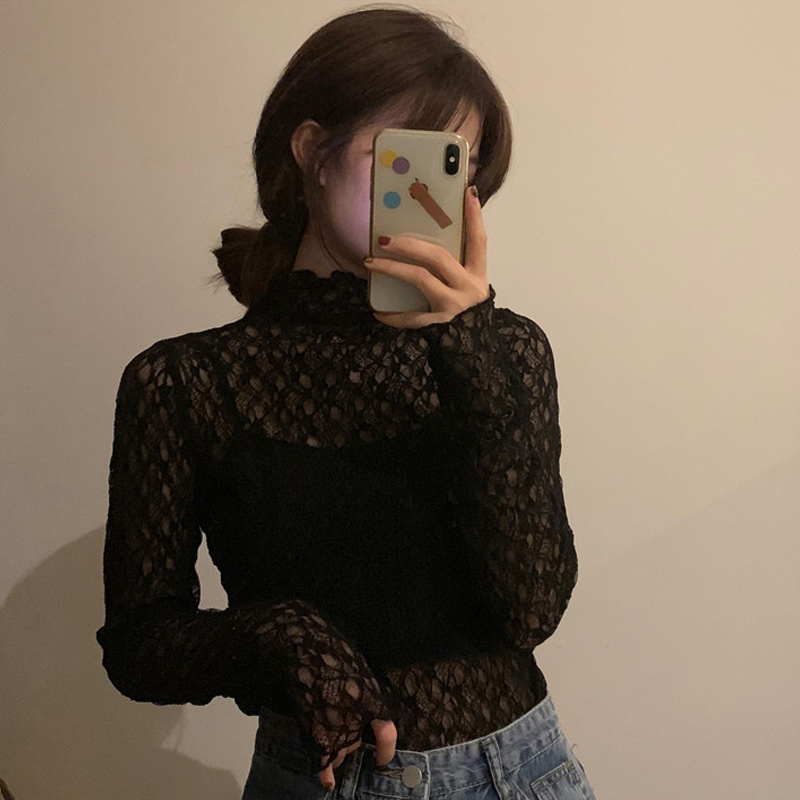 法曼薇旗舰店蕾丝打底衫女网纱内搭秋冬打底长袖半高领薄款洋气超仙上衣透视1