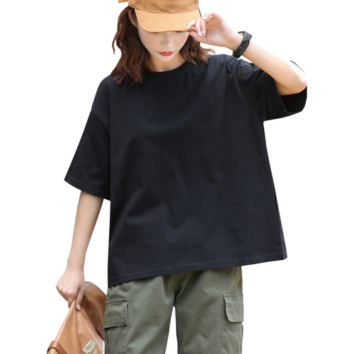黑色短袖t恤女夏纯棉宽松大码打底体恤衫中半袖短款2026新款上衣 - 图3