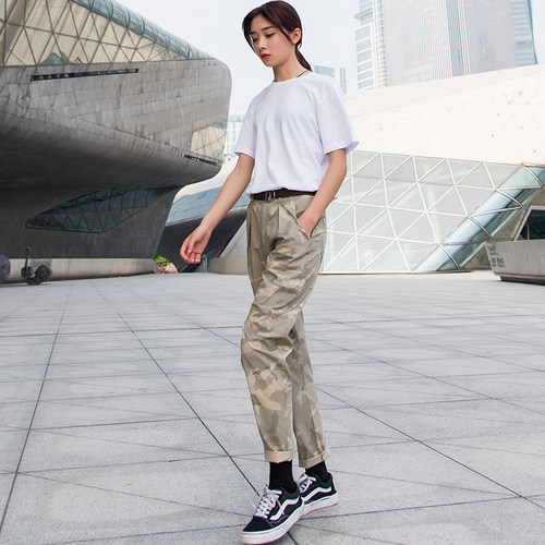 卡其色裤子女夏季薄款迷彩工装裤2025新款小个子休闲哈伦锥形女裤 - 图0