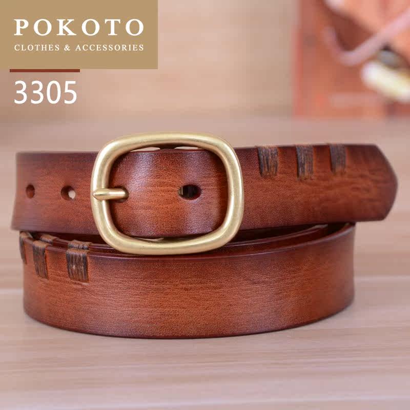 轻奢女纯牛皮手工复古青年休闲皮带 pokoto腰带/皮带/腰链
