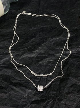双层圆形项链女时尚气质水钻方块高级感小众设计百搭精致毛衣链潮