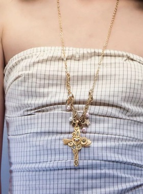 爱意紧扣系列 拉丝金色纽扣堆叠十字架珍珠高级感长项链饰品礼物