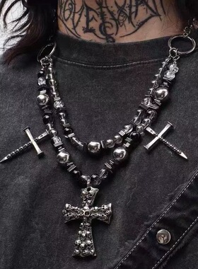 【骷髅废墟】复古设计十字架做旧朋克风y2k高级串珠重工手作项链