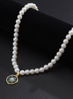 复古简约高级感珍珠项链男女潮牌小众百搭复古太阳吊坠项链