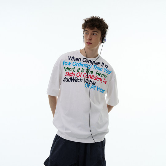 MADWITCH夏季新款美式复古不规则字母印花纯棉短袖设计感宽松T恤