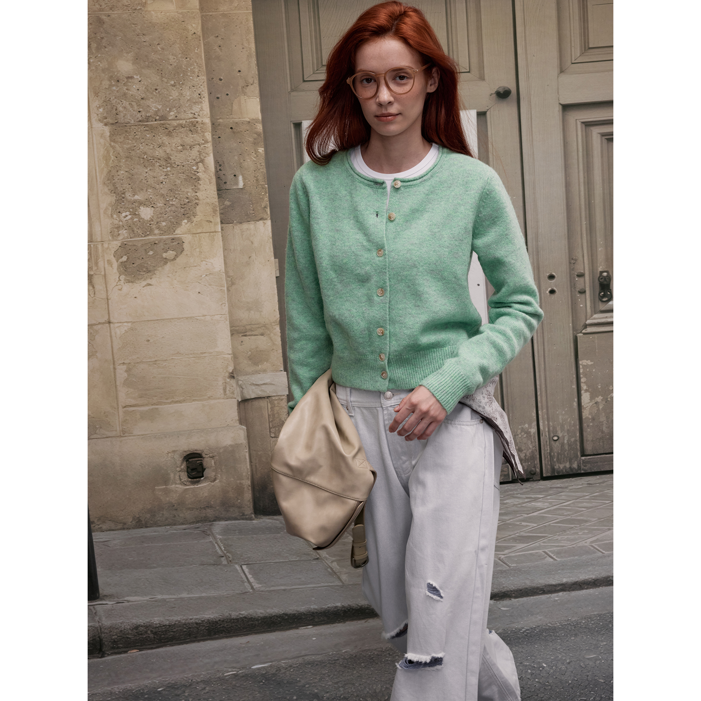 MADWITCH复古圆领花纱针织开衫女秋冬休闲百搭慵懒感卷边短款外套 - 图0