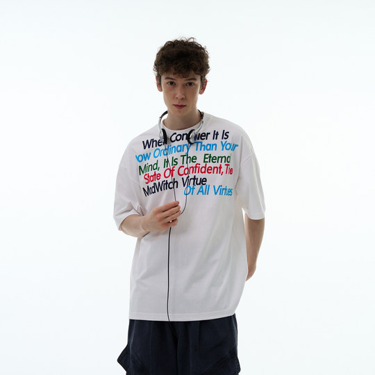 MADWITCH夏季新款美式复古不规则字母印花纯棉短袖设计感宽松T恤