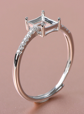 S925银戒指空托长方5*6mm活圈口