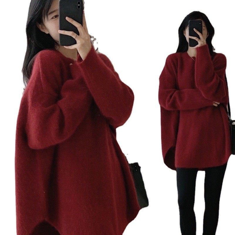 日韩新款慵懒风简约复古针织衫毛衣女秋冬外穿中长款开叉百搭上衣,淘宝优惠券,粉丝福利购,淘宝优惠卷