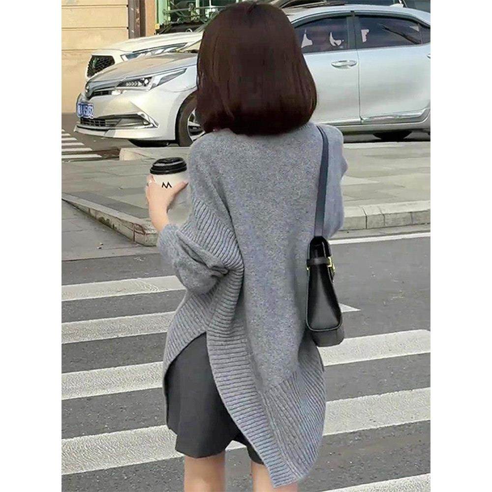 高领羊绒毛衣女秋冬开叉宽松灰色高级感中长款显瘦针织衫气质上衣,淘宝优惠券,粉丝福利购,淘宝优惠卷