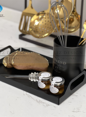 现代轻奢样板间橱柜软装厨房装饰摆件套装仿真煤气炉刀叉锅铲锅具