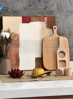 新中式样板房间厨房摆件套装软装砧板花瓶装饰仿真月饼装饰画橱柜