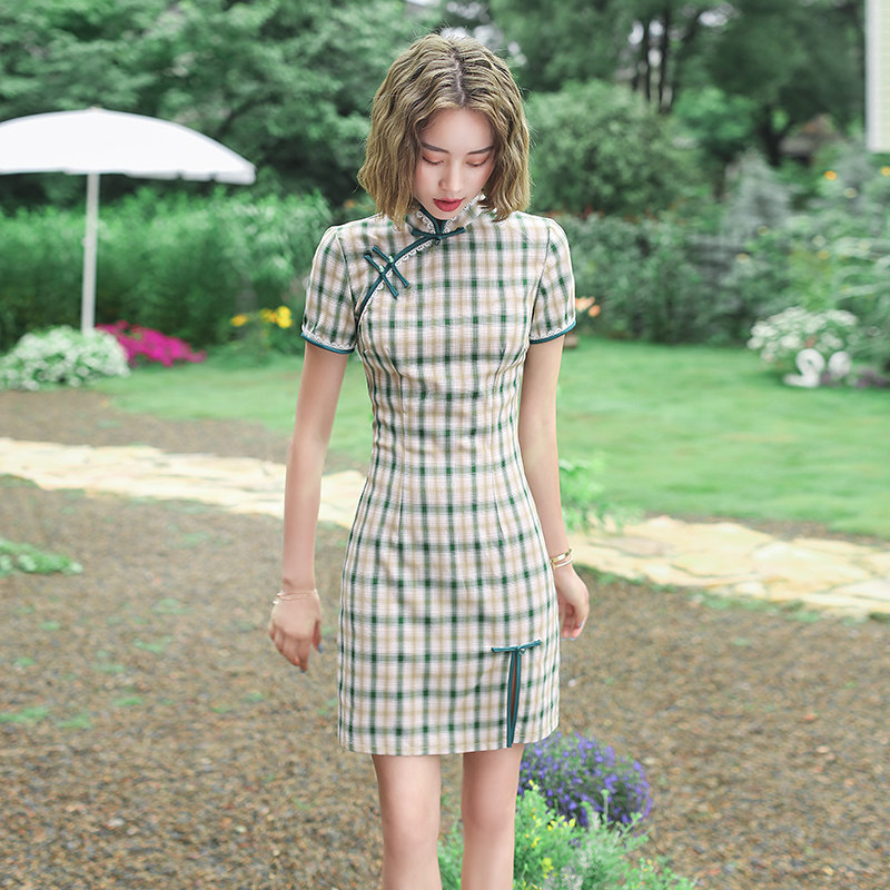 改良旗袍格子短修身性感复古连衣裙 夏宝妮旗袍