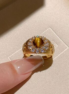 复古拉丝美拉德天然虎眼石戒指轻奢高级感叠戴超闪微镶宽版食指戒