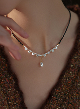 天然淡水巴洛克珍珠吊坠项链女小众夏季配饰毛衣链轻奢感颈链