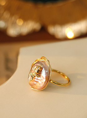 中古vintage大巴洛克粉色淡水珍珠戒指可调节开口戒玫瑰花