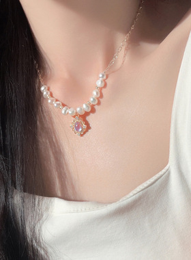 「琉璃之梦」巴洛克天然淡水珍珠炫彩吊坠锁骨链异域风情轻奢项链