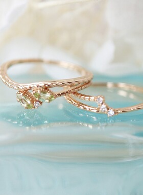 日本nojess春季新款小清新双叶橄榄石叠戴树叶 同款锆石轻奢戒指