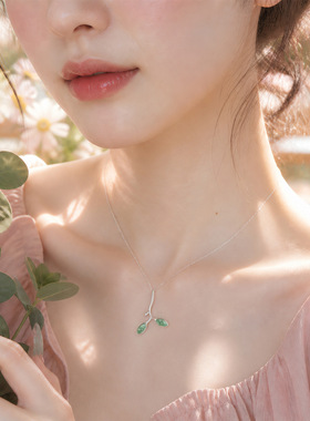 日韩小清新发芽树叶项链女天然水草玛瑙叶子气质短款锁骨链吊坠