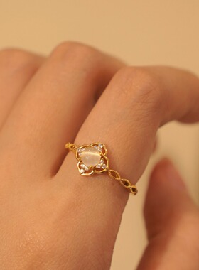 「清晨白露」法式轻奢闪耀精致高级感百搭复古温柔猫眼石开口戒指