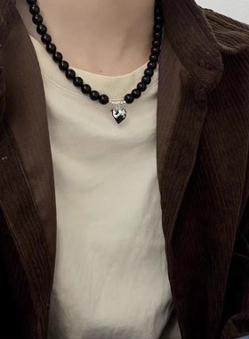 韩国小众设计黑色串珠金属项链