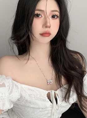 甜美气质蝴蝶结粉钻樱桃项链女