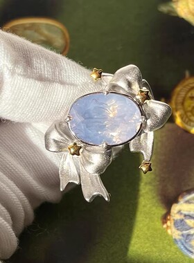 【7柒seven】指尖浪漫心精致仿蓝宝石蛋面蝴蝶结戒指女小众感指环