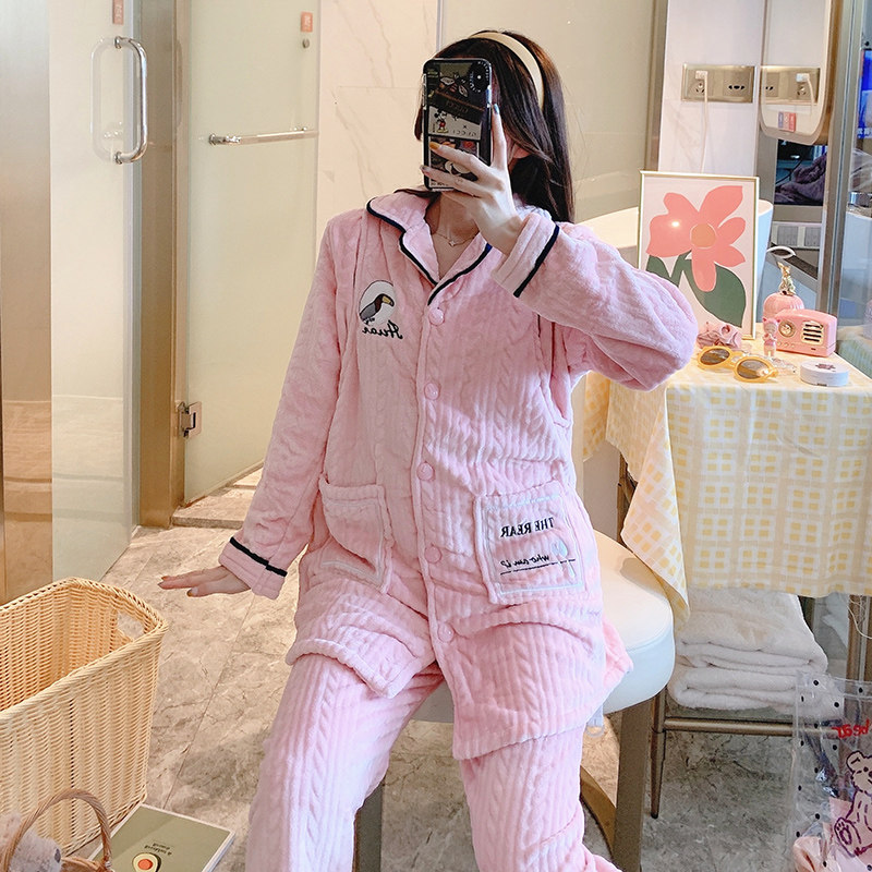 加厚加绒孕妇12月份珊瑚绒冬款睡衣 俏孕喜家居服套装