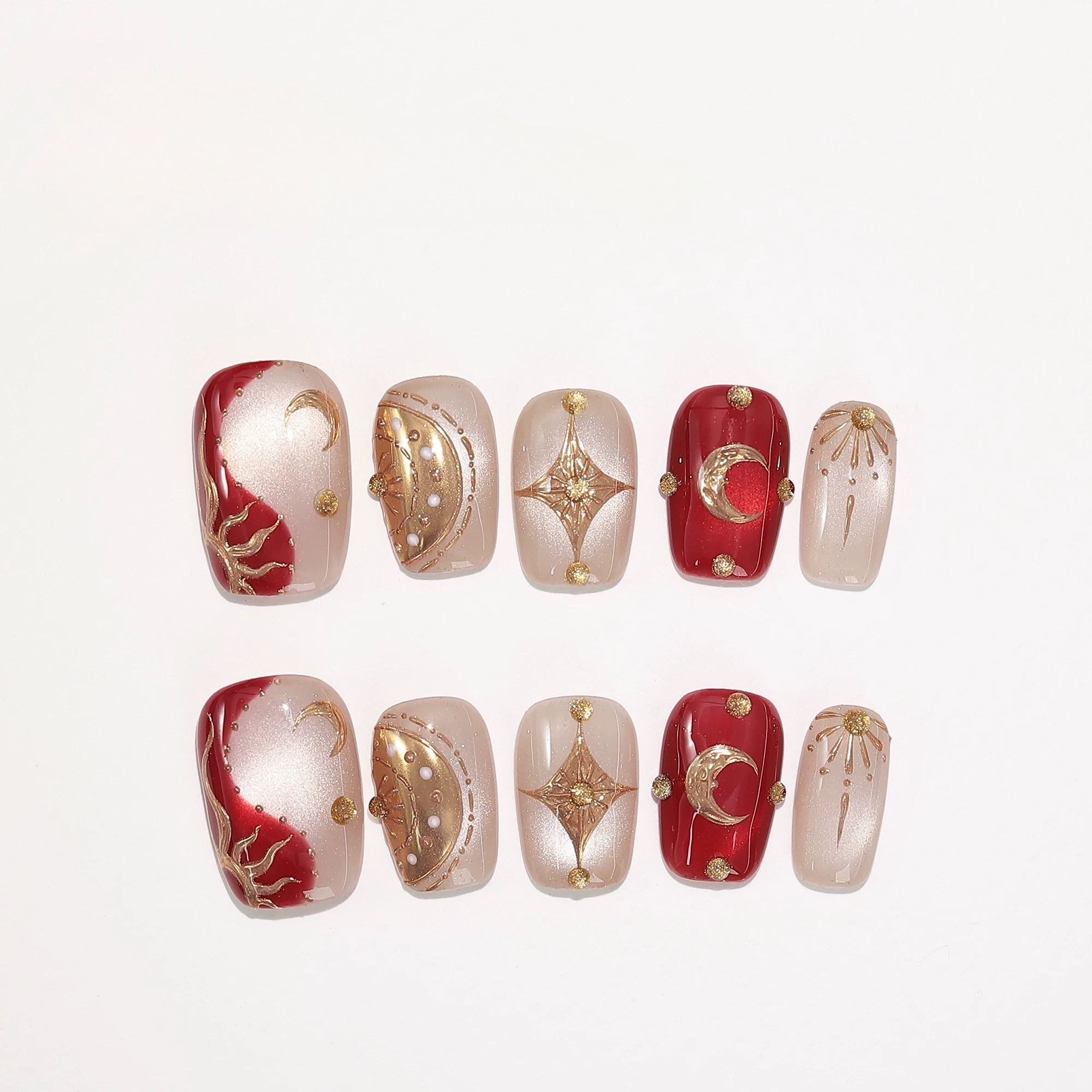 洛曼枝【金色星月纯手工重工定制魔镜粉穿戴甲猫眼爆闪短款美甲片,淘宝优惠券,粉丝福利购,淘宝优惠卷