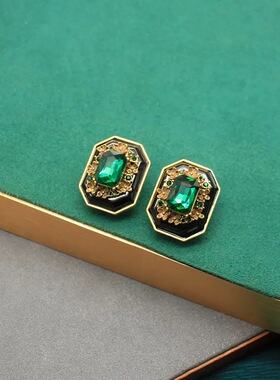 青岛中古Vintage宫廷风高级黑金色系祖母绿方形花框项链耳钉百搭