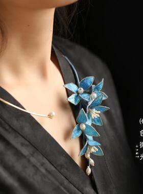 复古项圈新中式国风竹叶璎珞蓝色