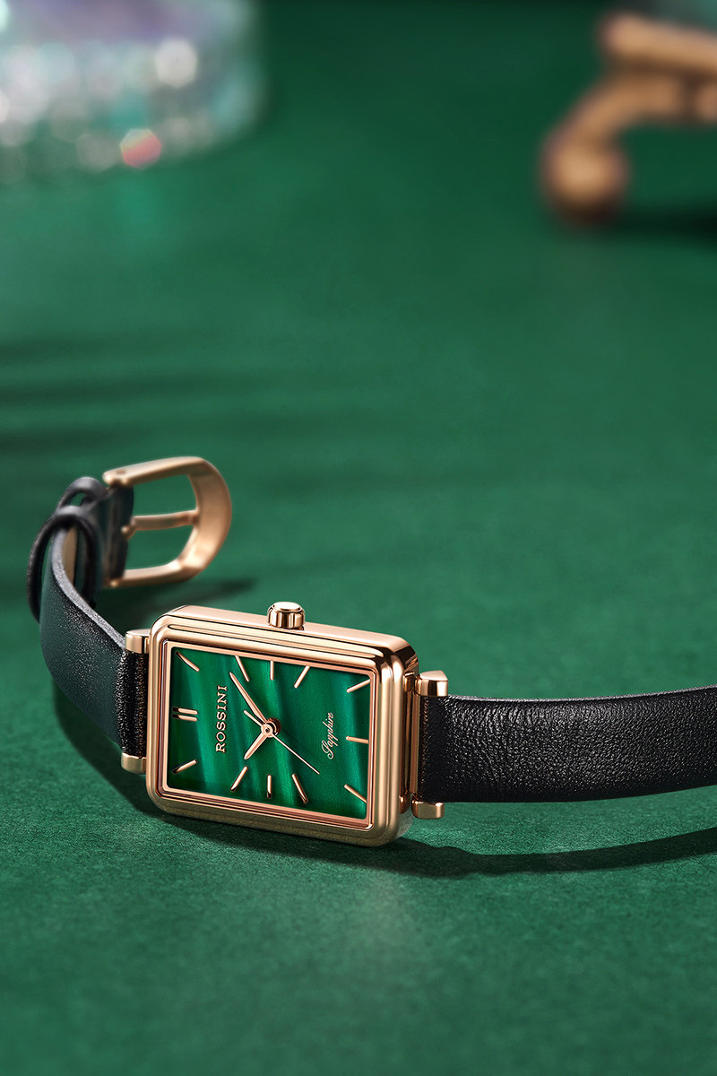 罗西尼女ins风轻奢女表方盘小绿表 罗西尼茵达美国产腕表
