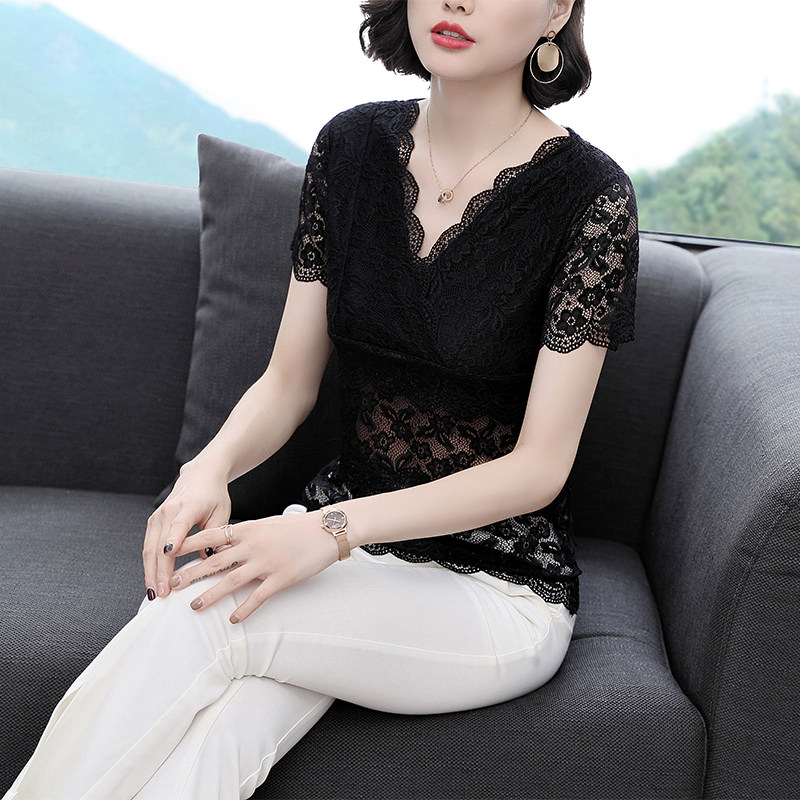 欧货蕾丝衫短袖2023新款v领t恤 姿芙尼蕾丝衫/雪纺衫