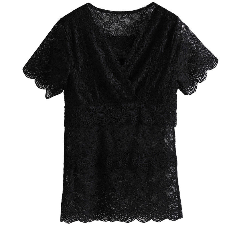 欧货蕾丝衫短袖2023新款v领t恤 姿芙尼蕾丝衫/雪纺衫