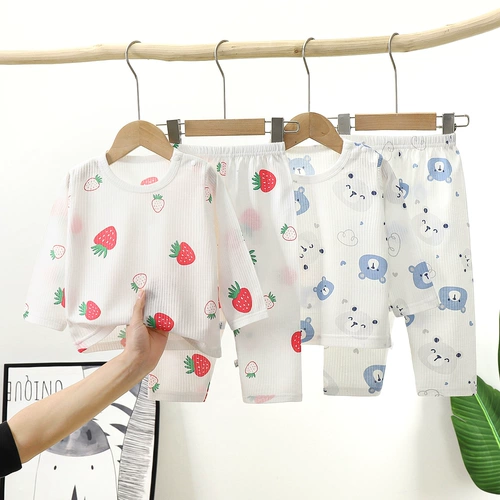 Детская хлопковая пижама, комплект подходит для мужчин и женщин для девочек, лонгслив, летние тонкие штаны