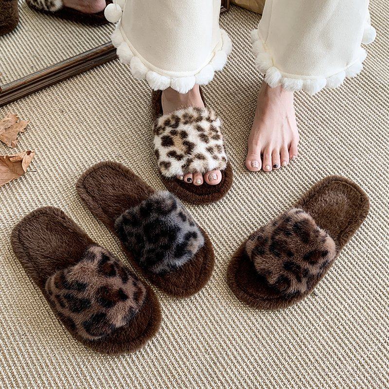 复古风个性豹纹棉拖鞋女秋冬季少女居家拖鞋防滑软底静音毛毛拖鞋,淘宝优惠券,粉丝福利购,淘宝优惠卷