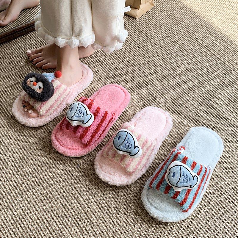 卡通企鹅毛毛拖鞋女秋冬季防滑静音情侣居家拖鞋可爱小鱼棉拖鞋,淘宝优惠券,粉丝福利购,淘宝优惠卷