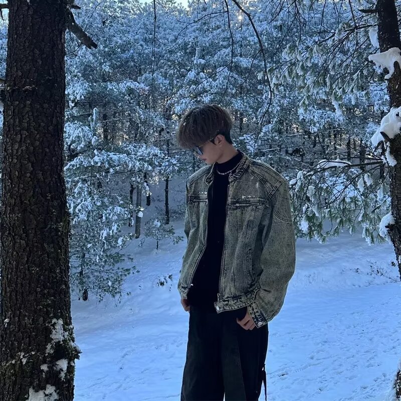 美式短款牛仔外套男高级感痞帅发型师潮牌男装垫肩立领牛仔衣夹克 - 图2