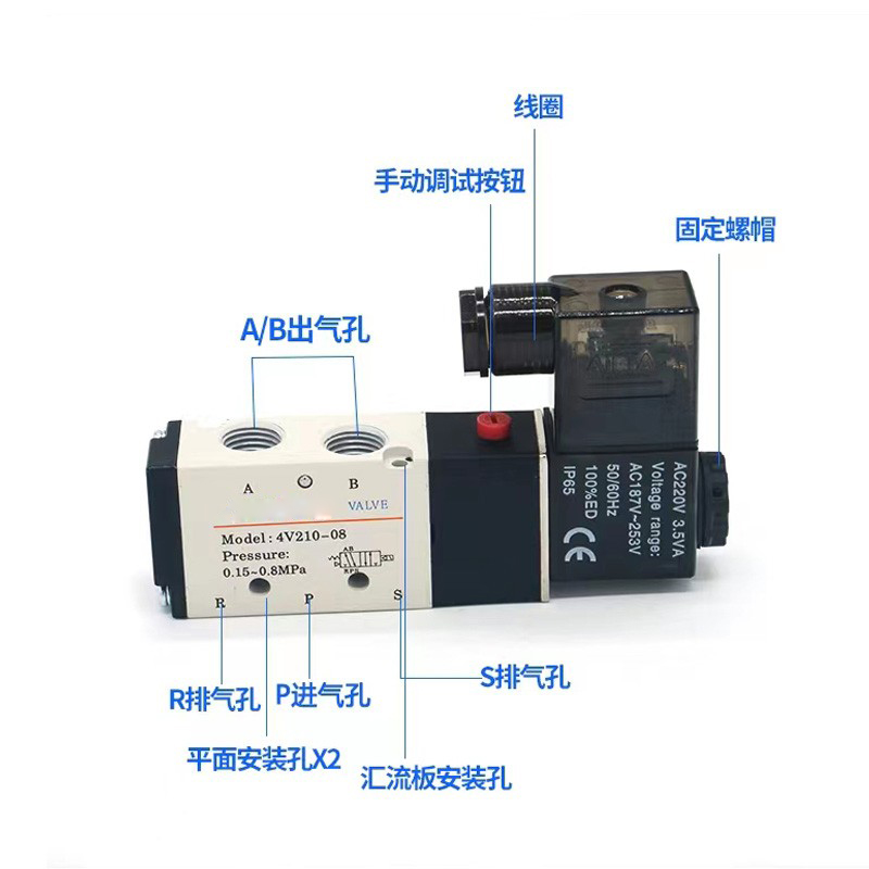 高品质电磁阀4v210-08 220 24V二位五通气缸气动控制换向电子气阀 - 图0