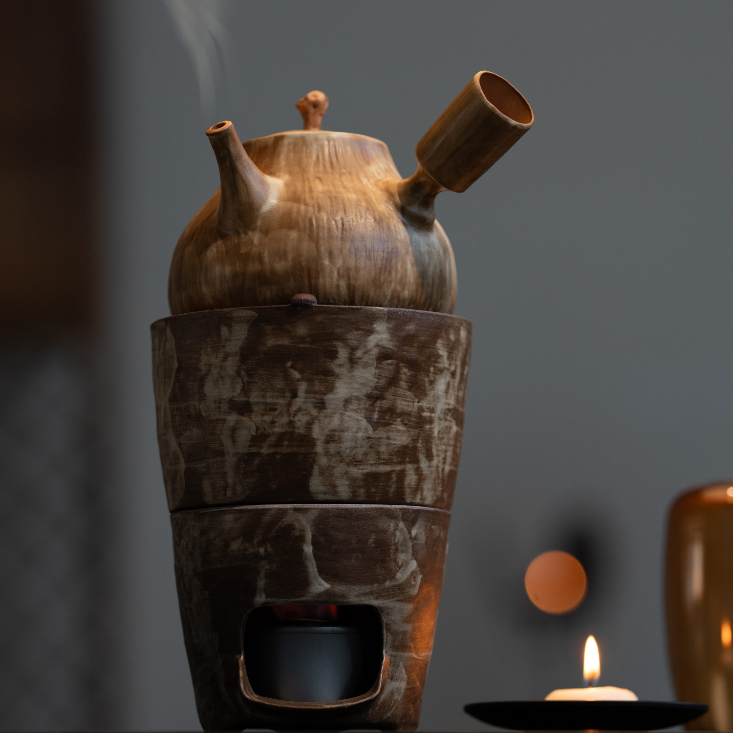 向美野拙手工粗陶煮茶炉复古温茶炉烛台酒精炉煮茶壶侧把壶套装,淘宝优惠券,粉丝福利购,淘宝优惠卷