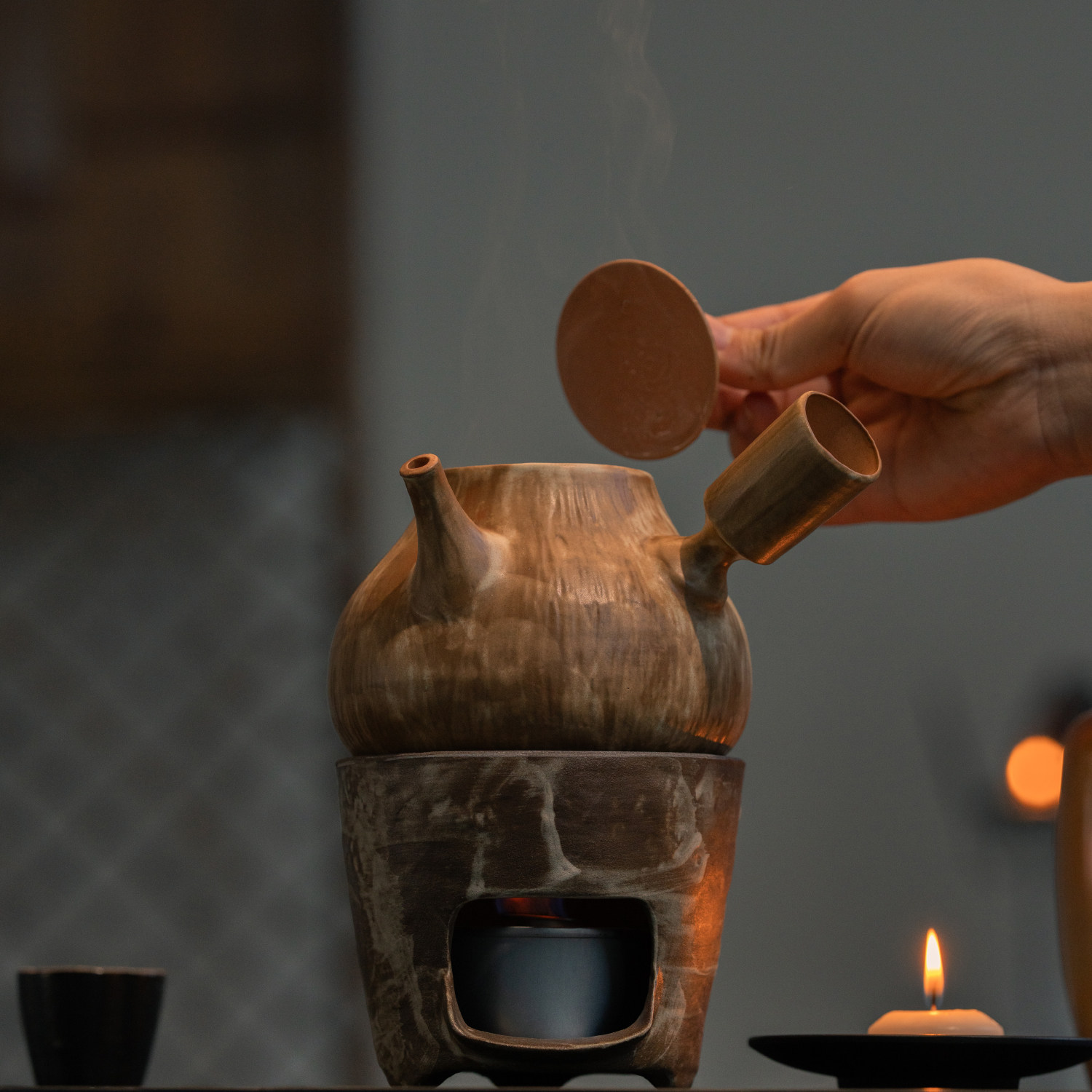 向美野拙手工粗陶煮茶炉复古温茶炉烛台酒精炉煮茶壶侧把壶套装,淘宝优惠券,粉丝福利购,淘宝优惠卷