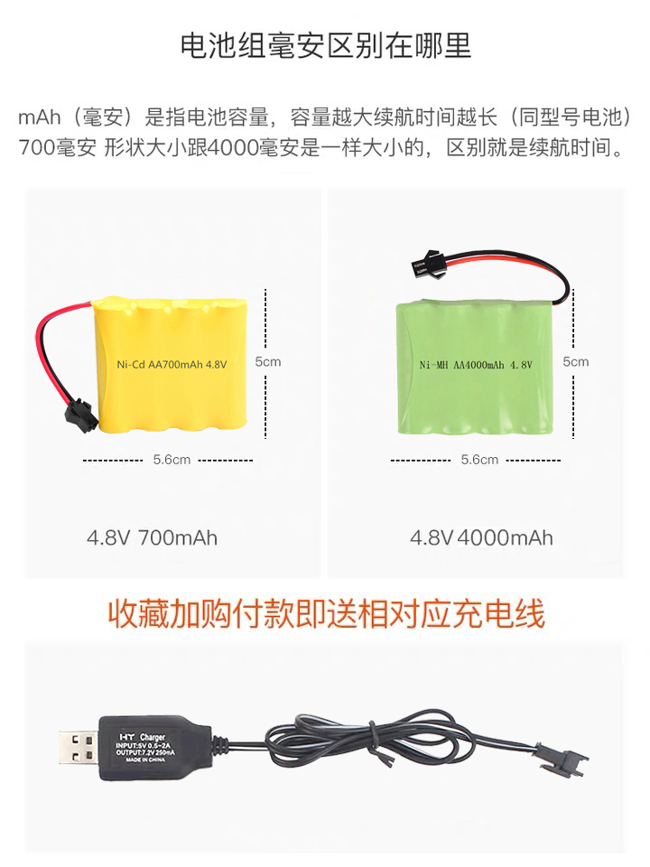 玩具遥控车充电池挖掘机四驱越野攀爬车3.6V4.8V7.2V9.6V电池组 - 图0