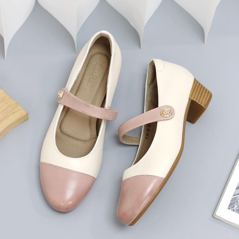 慢先森女鞋  气质时装玛丽珍撞色香风低跟一脚蹬浅口单鞋 938-6 - 图2